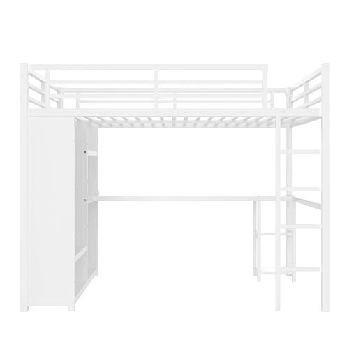 Bellemave Metal Queen Size Loft Bed with Desk and Wardrobe,Heavy Duty Loft Bed Frame with Storage Shelves for Kids,Teens,Adults, Space Saving,White Bellemave