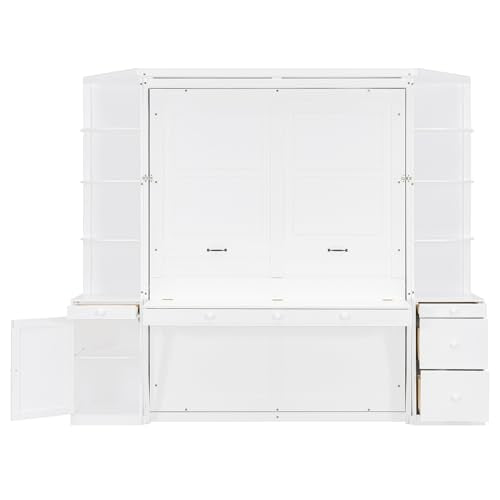 Merax Queen Size Murphy Bed with Desk and Storage, Hidden Foldable Wall Bed with Foldout Workstation, Shelves and Cabinets for Space-Saving Home Office Guest Room, White Merax