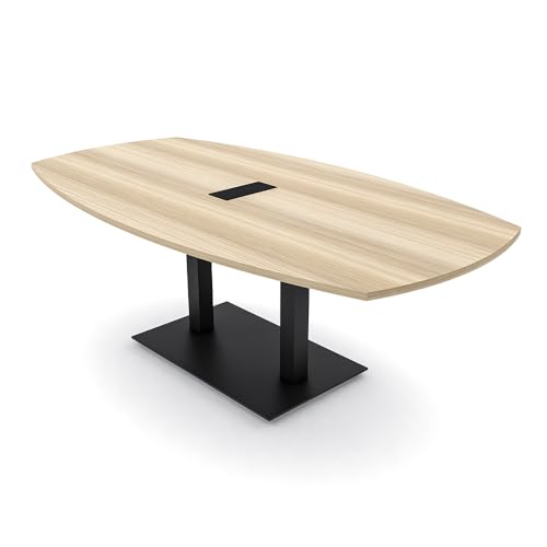Harmony Series 6-Person Arc Boat Shaped Conference Table with Power & Data | Office Table with Matte Black Square Metal Bases | Meeting Tables for Offices and Homes | Blonde Surfside Ash – 7ft SKUTCHI DESIGNS INC.