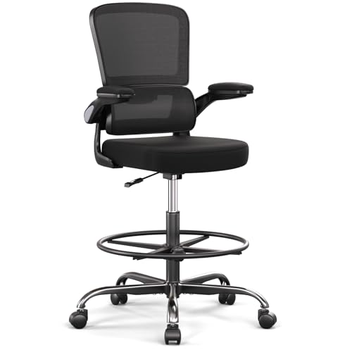 Ergonomic Drafting Chair with Footrest,Tall Office Chair for Standing Desk with Flip-up Armrests with Breathable Comfy Mesh Support and Adjustable Foot Rest Ring(Black) Alolo