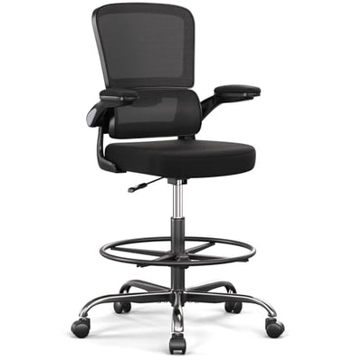 Ergonomic Drafting Chair with Footrest,Tall Office Chair for Standing Desk with Flip-up Armrests with Breathable Comfy Mesh Support and Adjustable Foot Rest Ring(Black)