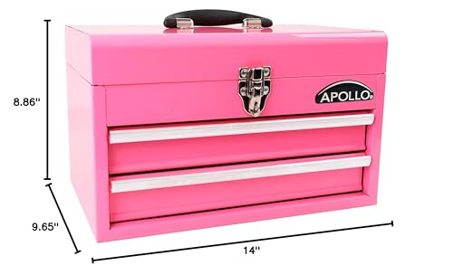 Apollo Tools 14 Inch Steel Tool Box with Deep Top Compartment and 2 Drawers in Heavy-Duty Steel With Ball Bearing Opening and Powder Coated Finish - Pink Ribbon - Pink - DT5010P Apollo