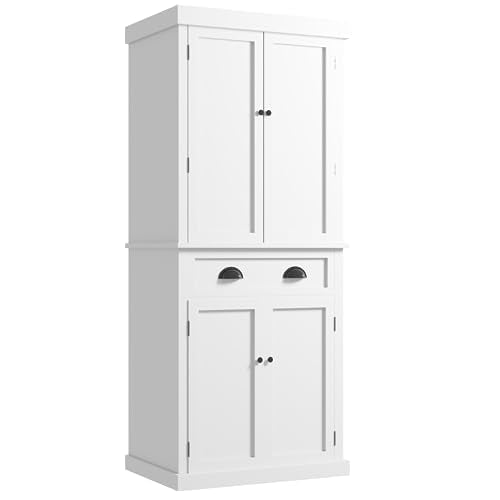 Furniwell 72" Kitchen Storage Cabinet with Drawer, Tall Kitchen Pantry Cabinet with Doors and 3 Adjustable Shelves, Freestanding Cupboard for Kitchen, Dining Room, Living Room (White) Furniwell