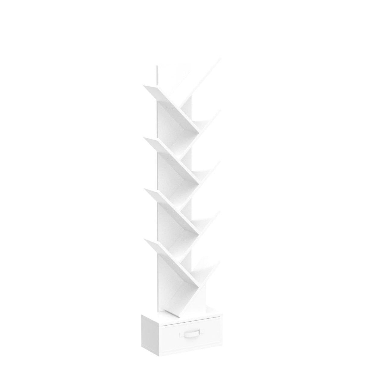 Tangkula 10 Tier Tree Bookshelf with Drawer, Floor Standing Storage Rack for CDs, Movies & Books, Display Utility Shelves for Bedroom, Living Room & Home Office (White, 10 Tier) Tangkula