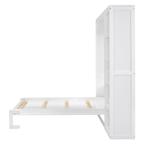 MERITLINE Full Murphy Bed with Storage Bookcase Shelves,Wood Folding White Murphy Wall Bed Cabinet MERITLINE