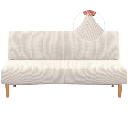 H.VERSAILTEX Armless Futon Cover Stretch Sofa Bed Slipcover Protector Elastic Feature Rich Textured High Spandex Small Checks Jacquard Fabric Futon Cover, Machine Washable, Ivory H.VERSAILTEX