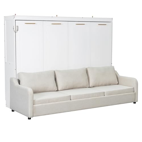 VilroCaz Queen Size Murphy Bed with Folding Sofa and Built-in Storage Shelves, Wood Murphy Cabinet Wall Bed with LED Strip Lights, Space-Saving Design (Queen) VilroCaz
