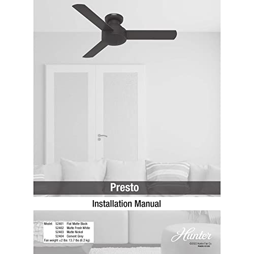 Hunter Fan 52401 Presto 44-Inch Low Profile Ceiling Fan with Wall Control, Whisper-Quiet Motor, 3-Speed Reversible Airflow, Matte Black Finish, Flush Mount Hunter
