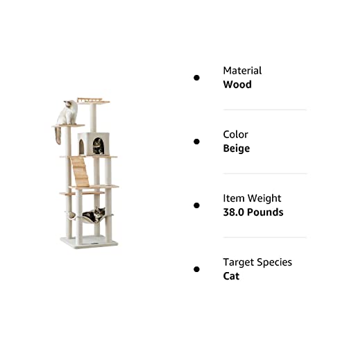 MWPO Cat Tree - 63.8-Inch Modern Wood Cat Tower for Indoor Cats,Multi-Level Cat Condo for Large Cat with Scratching Posts, Hammock- Beige MWPO