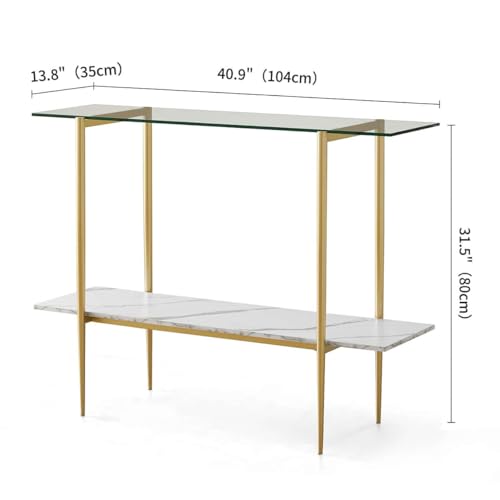 LumFurn Glass Console Table for Living Room, Foyer & Entrance, 2-Tiers Mid-Century Modern Sofa Table with Clear Glass Top, White Marble Finish Wood Shelf and Gold Finish Frame LumFurn