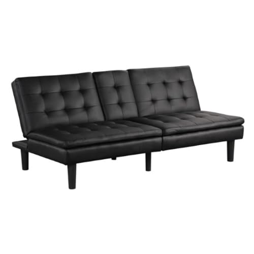 Benzara Berie Futon Sofa Bed, Drop-Down Tray, Cupholder, Black Faux Leather Benzara