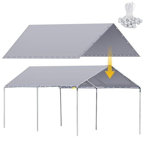 Wesnoy 12 x 20 ft Heavy Duty Canopy Replacement Cover Waterproof Carport Garage Car Shelter Tarp Tent for Car Canopy with 50 Ball Bungees, Only Top Cover, Frame is Not Included Wesnoy