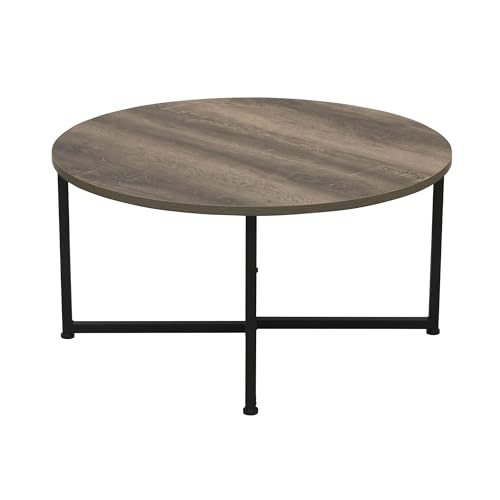 Household Essentials Jamestown Round Coffee Table Ashwood Rustic Wood Grain and Black Metal 31.5 x 31.5, Taupe Household Essentials