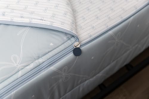 Beddy's Bow & Ribbon Themed Durable Zipper Bedding for Kids, Bed in a Bag, Baby Blue Comforter & White Pinstripe Sheets, Includes Pillowcase & Pillow Sham, Easy to Make & Wash Beddy's