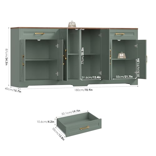 BOTLOG 71” Large Sideboard Buffet Cabinet with Storage, Farmhouse Kitchen Buffet Cabinet with Adjustable Shelves and 6 Barn Doors, Wood Coffee Wine Bar Console Table for Kitchen, Dining Room, Green BOTLOG