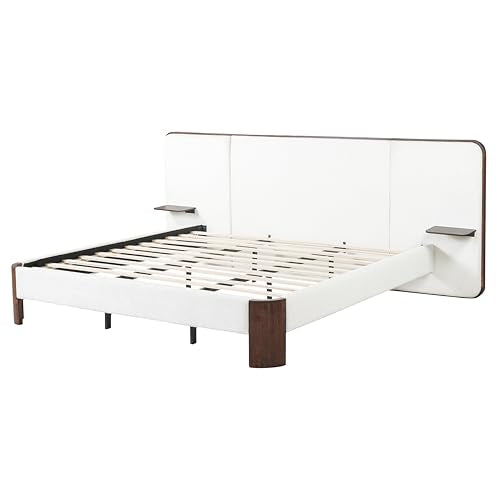 Merax King Size Upholstered Platform Bed Frame with Large Curved Headboard,Built-in Floating Shelves,Wood Slats and Metal Support for Bedroom,Noise-Free Merax
