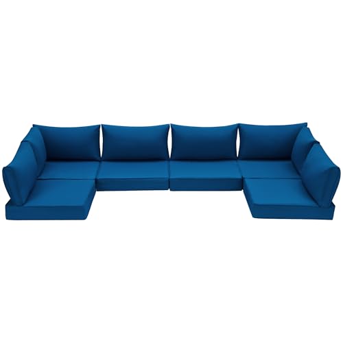HOMREST Outdoor Replacement Cushions for Patio Furniture,Water-Repellent Sofa Cushions for 6-Seat Rattan Wicker Sectional Patio Conversation Sets,14-Piece Cushions Set for Outdoor Couch๏ผBlue๏ผ HOMREST