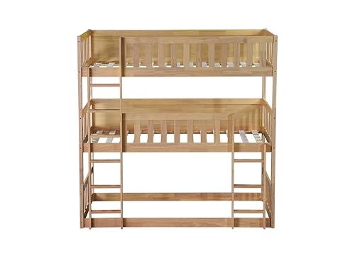 PVWIIK Twin Over Twin Over Twin Wood Bunkbeds for Dorm, Bedroom,Guest Room,Triple Bunk Bed w/Ladder & Guardrails,Detachable Bunk Bed & No Box Spring Needed,Easy Assembly, Oak PVWIIK
