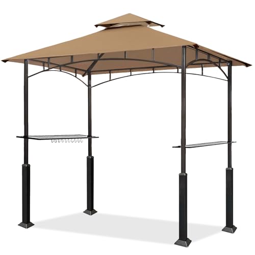 Eurmax USA 5x8 Grill Gazebo Shelter for Patio and Outdoor Backyard BBQ's, Double Tier Soft Top Canopy and Steel Frame with Bar Counters, Bonus LED Light X2(Khaki) Eurmax