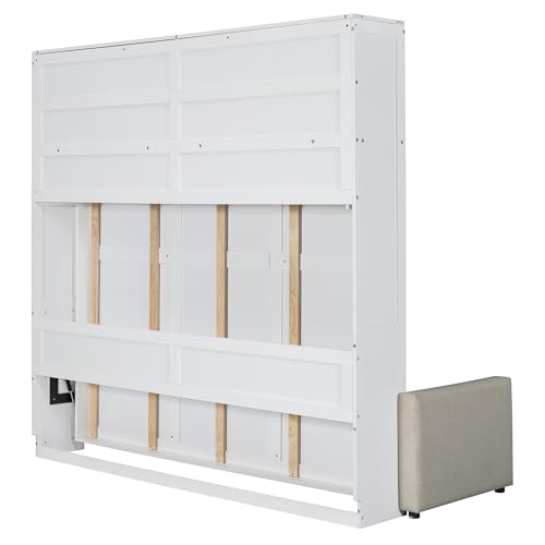 Merax Queen Size Murphy Cabinet Bed with Storage, Wood Folding Sofa with Open Shelves, Space-Saving Wall Bed for Guest Room and Home Office Merax