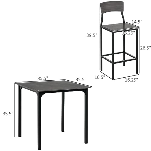 HOMCOM 5-Piece Counter Height Bar Table with Space-Saving Design, Square Kitchen Table and Chairs Set with Footrest, Metal Legs, Industrial Dining Table Set for 4, Gray HOMCOM