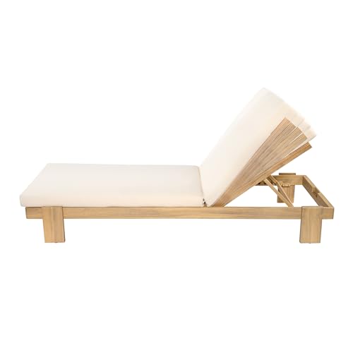 Christopher Knight Home Duska Acacia Wood Chaise Lounge Chair Set of 2, Patio Outdoor Chaise Lounge with Cushions, Adjustable Backrest Single Lounge Sofa, Garden Poolside Backyard Seating, Teak+Beige