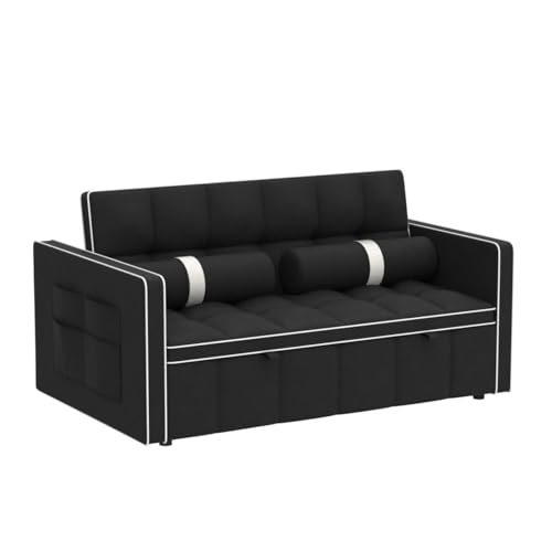 3 in 1 Sleeper Sofa Couch Bed, Small Tufted Velvet Convertible Loveseat Futon Sofa w/Pullout Bed, Adjustable Backrest, Cylinder Pillows for Living Room Apartment, Easy to Assemble, Black, 55.5" Antetek