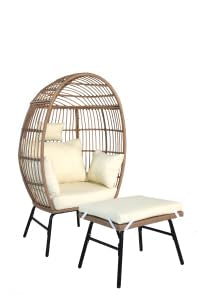 Tioutbot Oversized Wicker Egg Chair with Ottoman, Patio Lounge Chairs with Thick Cushion, Rattan Egg Basket with Steel Frame for Indoor/Outdoor, Porch, Backyard, Beige