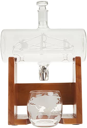 NutriChef Glass Whiskey Decanter with Glasses - 37oz Barrel Whiskey Carafe Alcohol Decanter Set, Decanter w/Spigot, Stopper & Base, for Brandy Wine Cognac Rum Gin Scotch Bourbon NutriChef