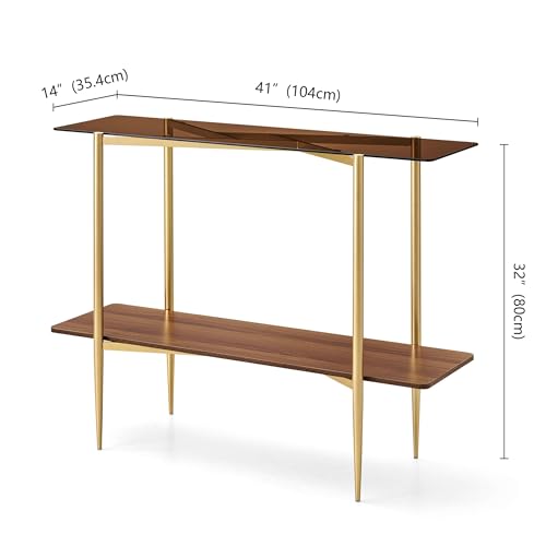 Pine Flicker Rectangle Glass Console Table, Mid-Century Modern Design, L41*W14*H32 inch, for Living Room, Amber Glass Top and Walnut Finish Wood Shelf, Conical Metal Legs with Gold Finish Pine Flicker