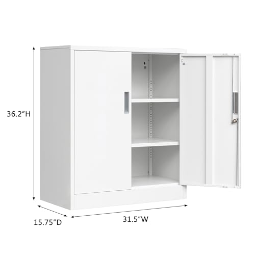 iDEKAI Metal Storage Cabinet with Lock, 36" Garage Storage Cabinets with 2 Lockable Doors and 2 Adjustable Shelves,Tall File Cabinet, Tool Cabinet for Office,Home,Garage,Gym,School (White) iDEKAI