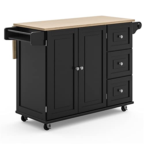 Pemberly Row Mobile Kitchen Island Cart w/Wood Drop Leaf Breakfast Bar in Black Pemberly Row