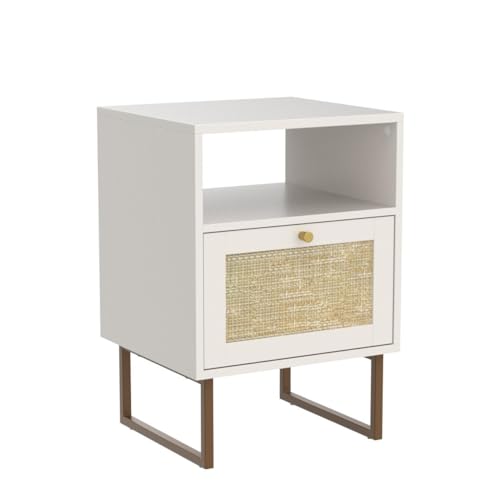 Masupu Rattan Nightstand,Modern Boho Farmhouse Wood Bedside Table with Storage Drawer and Open Shelf,Small Gold Frame Side End Table for Bedroom,Living Room,Office(White) Masupu