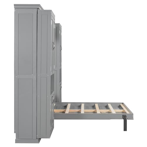 XD Designs Modern Full Murphy Bed with Dual Sliding Doors Storage Cabinets, Wood Hidden Wall Bed with Dual 6-Tier Side Shelves, Large-Capacity Space-Saving (Gray-12.9) XD Designs