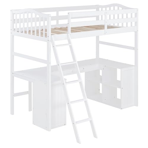 Merax Twin Size Loft Bed with Desk, Wooden Loft Bed Frame with Drawers, Cabinet, Shelves, and Desk, No Box Spring Needed, White Merax