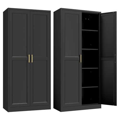 SteeLoong Kitchen Pantry Cabinet,71”Black Metal Pantry Storage Cabinet with Doors and 4 Adjustable Shelves,Kitchen Cabinet with 2 Gold Handles,Tall Cabinet for Livingroom,Pantry, Bathroom SteeLoong