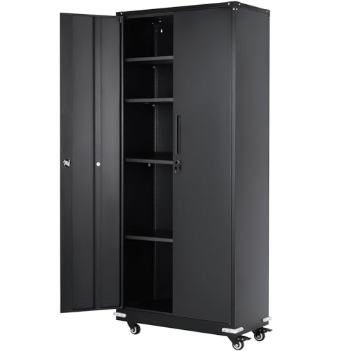 VEVOR Metal Storage Cabinet with Wheels, 75" Locking Cabinet with 2 Magnetic Doors and 4 Adjustable Shelves, 200 lbs Capacity per Shelf, Metal Cabinet with 3 Keys for Office, Garage, Home, Black VEVOR