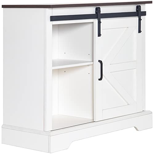 HOMFAMILIA 31.5" H Farmhouse Coffee Bar Cabinet w/Storage, White Kitchen Sideboard Buffet Cabinet with Sliding Barn Door, Rustic Accent Console with Adjustable Shelves, for Kitchen, Living Room HOMFAMILIA