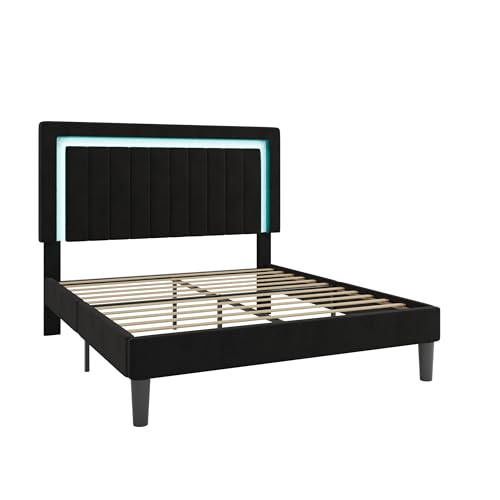 SHA CERLIN Queen Size Velvet Bed Frame with LED Light, Adjustable Vertical Channel Tufted Headboard, Strong Wooden Slats Support, Noise-Free, No Box Spring Needed, Black SHA CERLIN