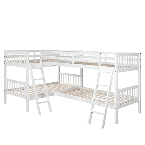 jurmiture L Shaped Quad Bunk Bed, Twin Over Twin Wood Bunk Frame for 4 with Ladder and Guardrails, White jurmiture