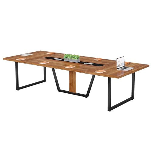 LITTLE TREE 8FT Conference Table for 10 People, Large Meeting Table, Modern Conference Room Table with Cable Management, Training Table with Strong Metal Legs for Office, Brown LITTLE TREE