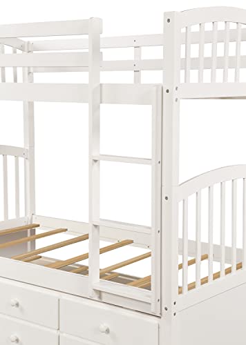 Ball & Cast Twin Size Bunk Bed with Ladder and Safety Rail,Twin-Szie Trundle Wood Bunkbed w/Slat Support & Solid Pine Legs,Space Saving,Bedframe Furniture for Student Dorms,Studio,White Ball & Cast