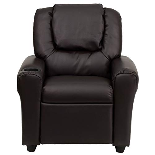 Flash Furniture Vana LeatherSoft Kids Recliner with Cup Holder, Headrest, and Safety Recline, Contemporary Reclining Chair for Kids, Supports up to 90 lbs., Brown