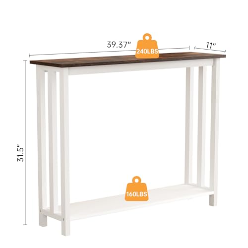 Acovy Farmhouse Solid Wood Console Table, 2 Tier Entryway Table with Storage Shelves, Narrow Sofa Table for Living Room, Hallway, Foyer, Entryway, Rustic White Acovy