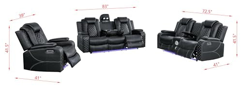 Ball & Cast Power Recliner Sofa Set Leather Reclining Couch Home Theater Seating 3PCS Recliner Couch Loveseat & Chair Sets with Coffee Table,Reading Light,Cup Holders for Home Theater,Living Room