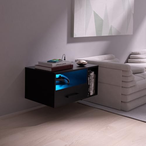 Bloddream Floating Nightstand with Charging Station and LED Light Strips, 21.3" Night Stand with Drawers, Floating Bedside with USB Ports and Outlets, Bedroom Furniture, Black Bloddream