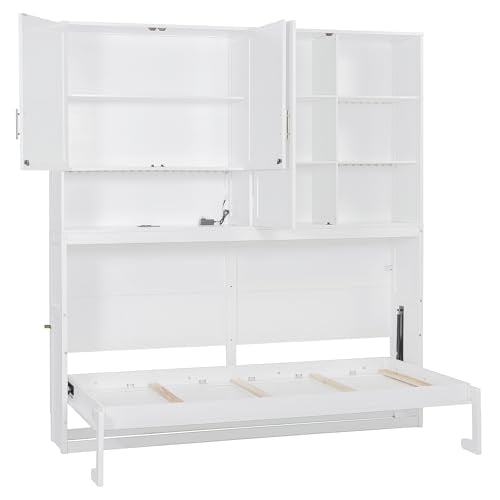 SOFTSEA Twin Murphy Bed with Storage Bookcase and Shelves, Space-Saving Horizontal Wall Bed with LED Light & Charging Stations for Small Spaces, Living Room, Guest Room, Bedroom, Office, White SOFTSEA