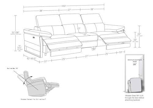 BlackJack Furniture Antonio Top Grain Italian Leather Power Recliner Sofa with 2 Reclining Seats & Large Power Headrests, Comfortable Lumbar Support, USB Chargers, Wall Hugger Design, White Blackjack Furniture