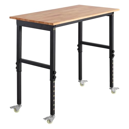 VEVOR Adjustable Workbench on Wheels, 1500 lbs Capacity, 48 x 24 Inch Oak Wood Top Workbench with 28.5-42.3 Inch Height Adjustment, Heavy-Duty Hardwood Worktable for Garage, Workshop, Home, Office VEVOR