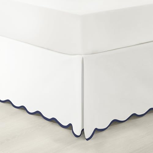 Lush Decor Coastal Chic Scalloped Edge Linen-Textured Bed Skirt Single, King Navy & White - White Bed Skirt King Size - Coastal Decor - Wrap Around Bed Skirt Lush Decor